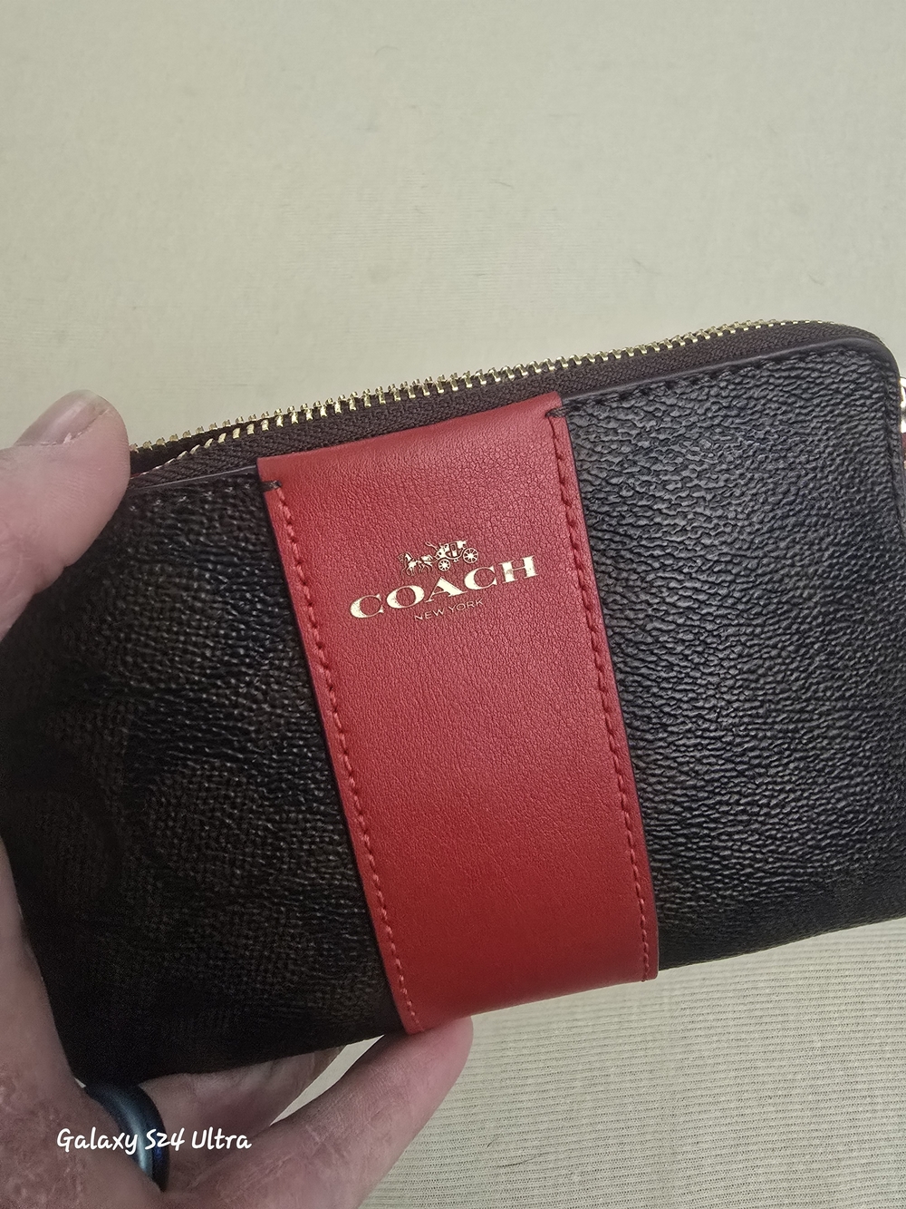 Coach Brown Zip Wallet with Red Center Strap